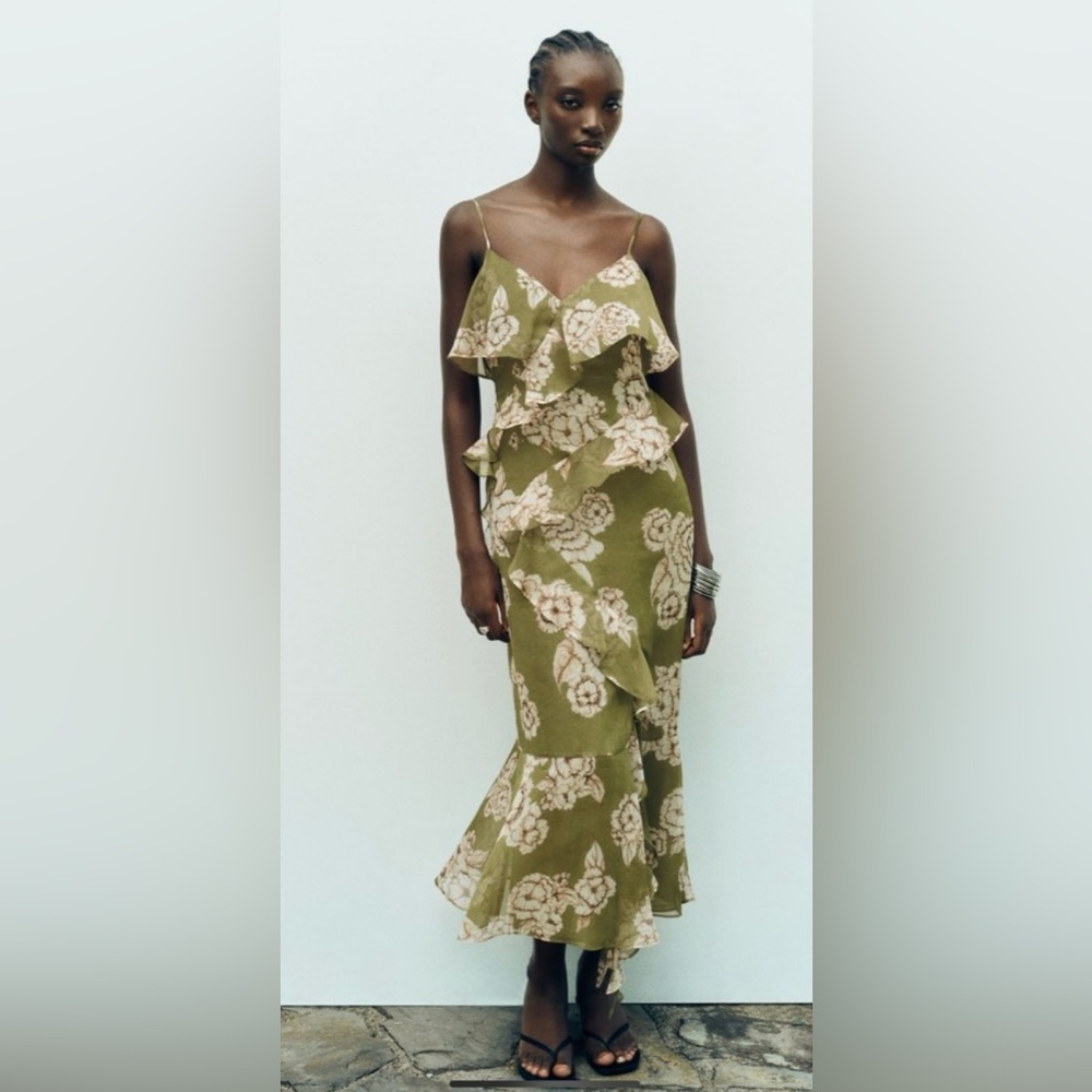 Zara green floral flowy midi dress